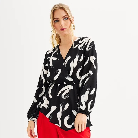 Women's INTEMPO Asymmetrical Faux-Wrap * Size XS * Black White Print - Picture 2 of 7